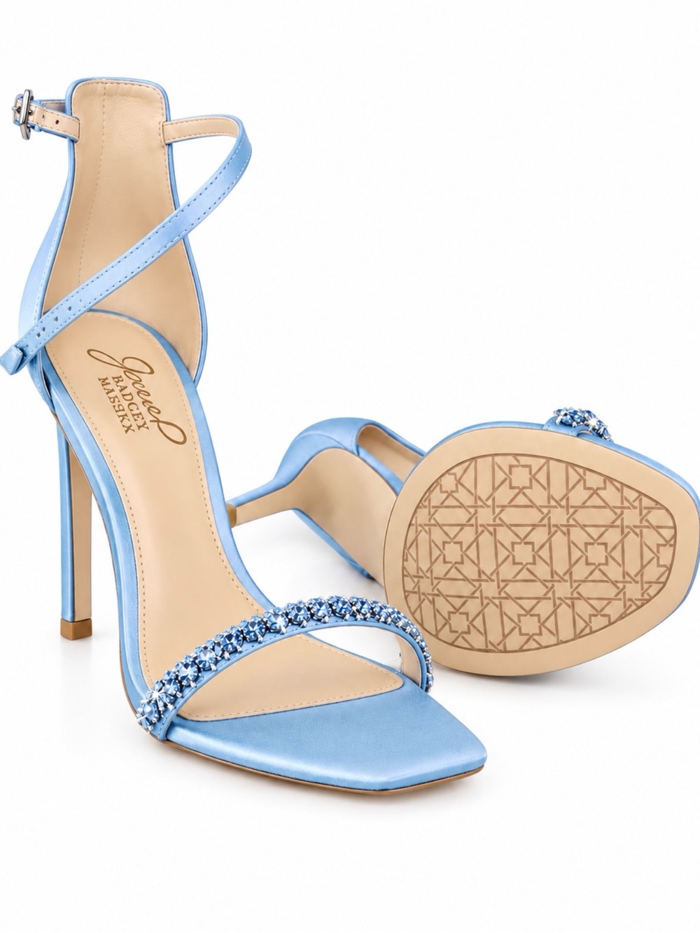 Jewel Badgley Mischka Light Blue Satin Ankle-Strap Heels with Crystal Toe Straps
